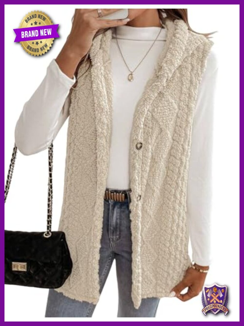 Women's Plush Lined Sleeveless Hooded Long Vest with Button Closure